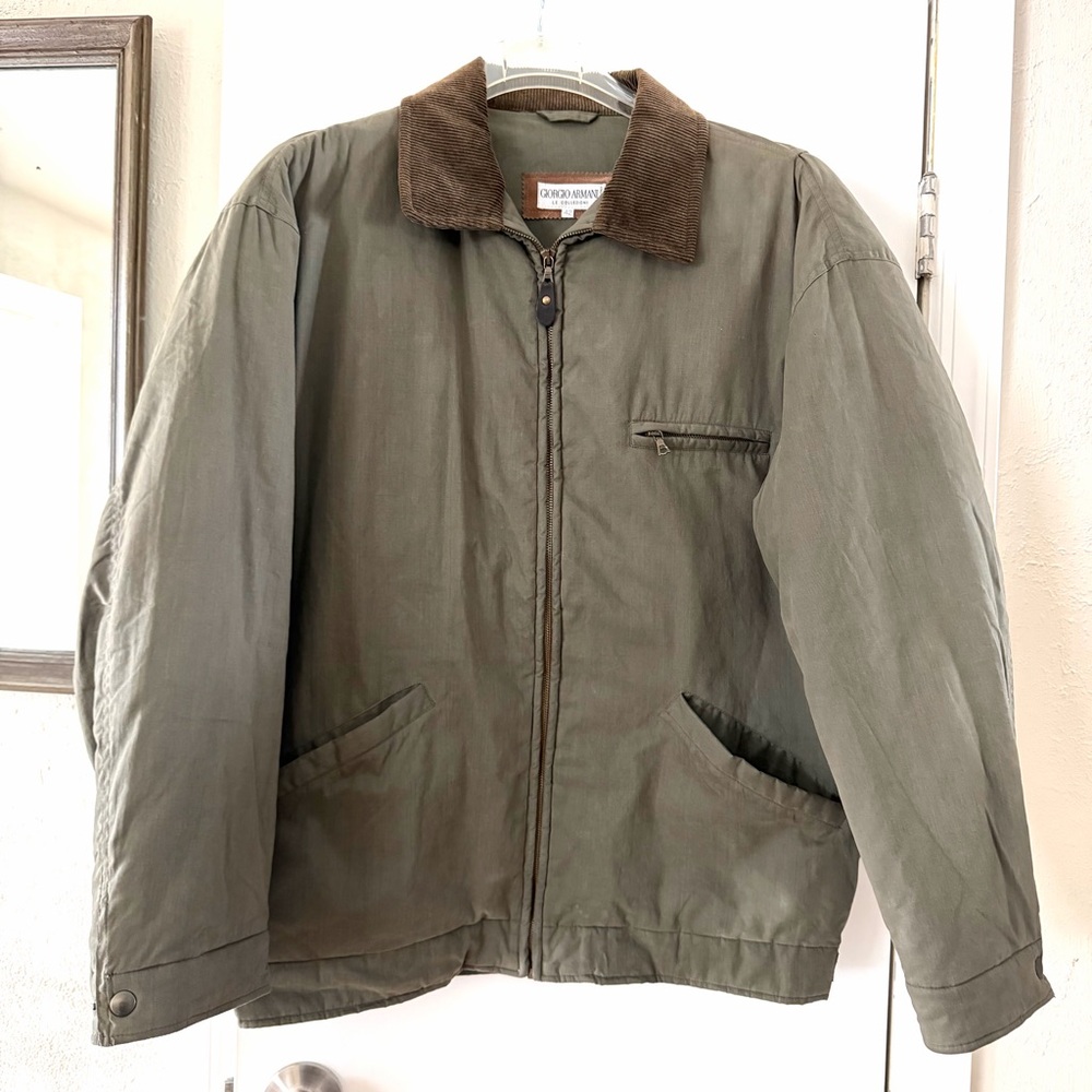 Giorgio Armani Olive Green Utility Zip Jacket White Label Corduroy Collar